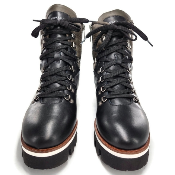 Aquatailia Morena Black & Olive Colorblock Leather Lace-Up Lug Sole Combat Boots - Picture 3 of 12